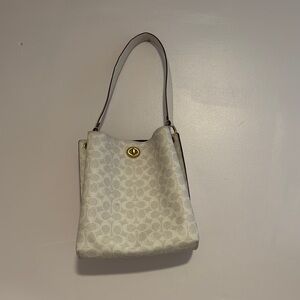 Coach Cream Tote Bag with Signature Patter & Maroon Interior